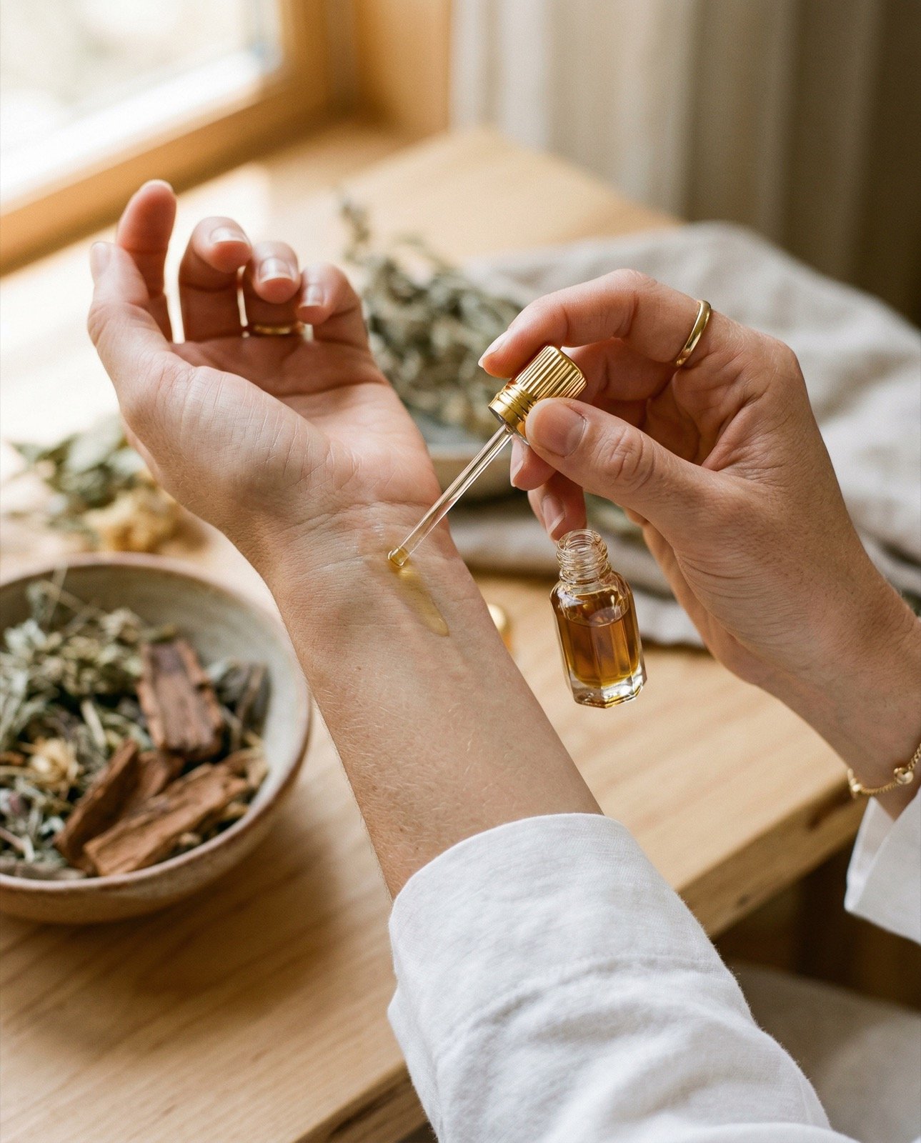 Hand holding artisanal oud oil bottle from Woudya