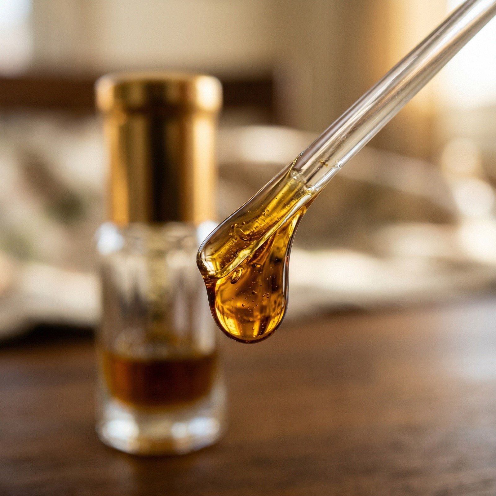 Close-up of pure oud oil showing golden amber color and viscosity