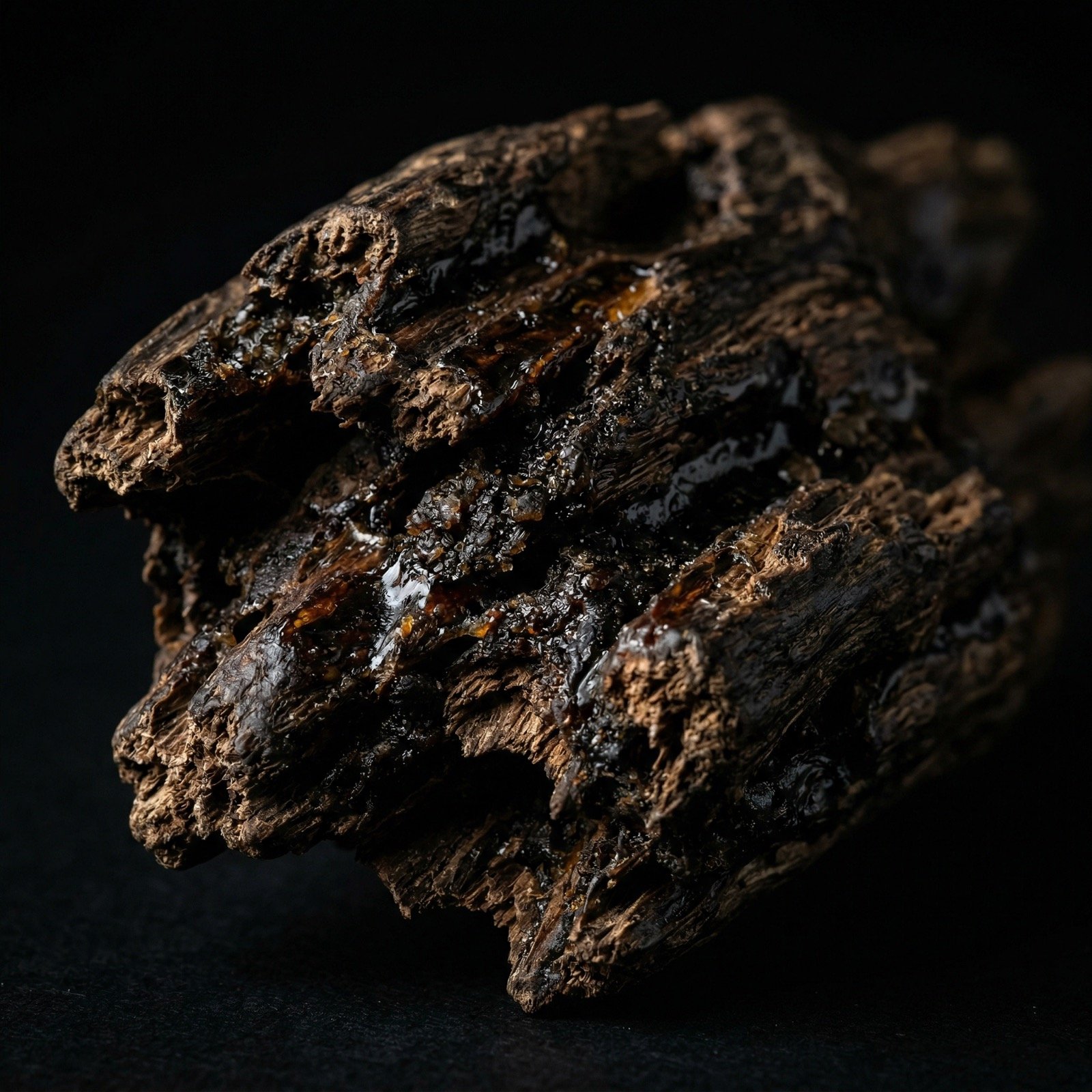 Texture detail of dark agarwood oud chips showing resinous wood grain